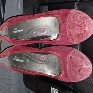 Ross Hommerson Wine velvet wedges, leather, snakeskin pattern, Harlow